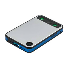 Sleek, rectangular device with dual top lenses & bottom lights; silver face, blue frame, black backdrop