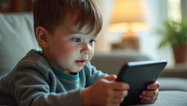 Young boy plays games on tablet device at home. Kid watches cartoons or educational videos. Child uses digital tech indoors on sofa in living room. - Powered by Adobe