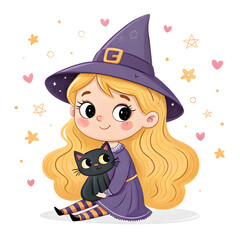Cute Watercolor Little Witches Clipart Set – Kawaii Halloween Girls, Magic Cauldron and Broomstick
