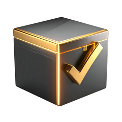 A dark, glossy cube with gold trim and checkmark. Sleek, minimalist design