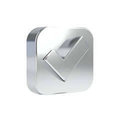 A glossy metallic silver checkbox with a checkmark, floating against a solid black background