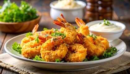 A plate of golden-brown fried seafood, garnished with parsley. Nearby, white sauce, greenery, and seasoning