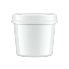 A plain, white plastic container with a lid, isolated against a black background