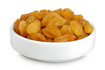 Yellow Raisins in ceramic bowl isolated on white background.