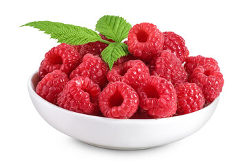 Ripe raspberries in ceramic bowl isolated on a white background