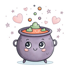 Cute Watercolor Halloween Clipart Set – Kawaii Witch Elements, Ghost, Pumpkin, Magic Potions and Cauldron