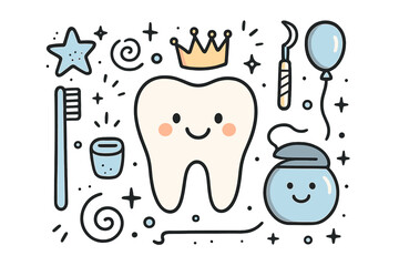 Cute Dental Doodle. Dentist clinic illustration doodle style: hand drawn tooth with smile, crown, star, balloon, toothbrush, floss