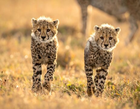 Two cheetah cubs walk forward, with mother partially visible behind