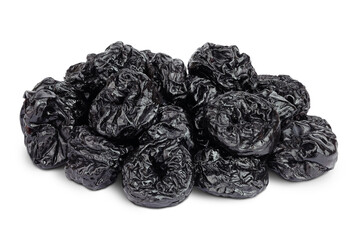 Prunes isolated on white background, heap of dried plums