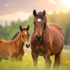 Fototapeta premium Two chestnut horses in field under sunny sky; one is a foal