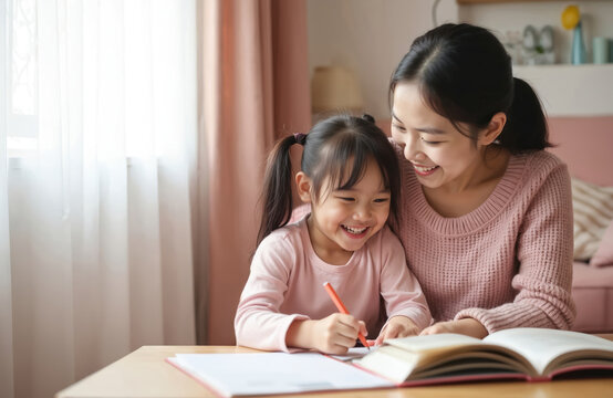 Asian little girl learns reading with kind mom at home. Happy family together does school homework. Mother hug daughter, help with study. They smile, enjoy homeschool time and love.