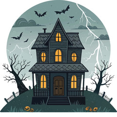 Haunted House Halloween Illustration – Spooky Night Scene with Bats, Lightning, and Pumpkins