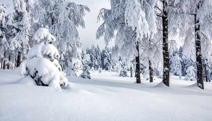 A serene winter landscape with snow-covered trees and a blanket of snow. The scene is bright and evokes a sense of cold, quiet beauty