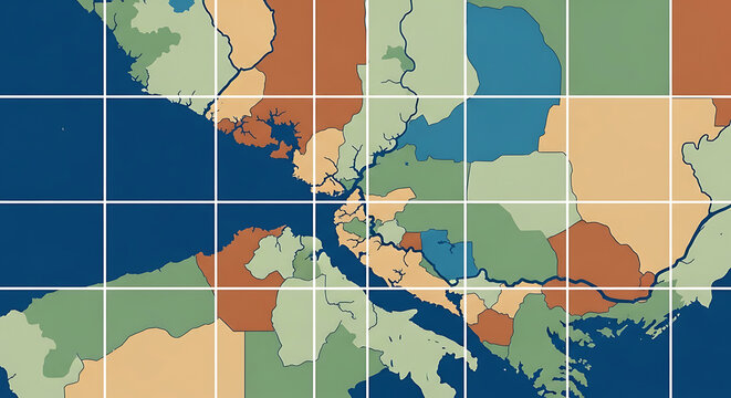 Dynamic digital world map illustration showcasing interconnected global landmasses and fluid waterways with a precise grid overlay, ideal for geographic visualization and data representation