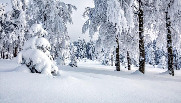 A serene winter landscape with snow-covered trees and a blanket of snow. The scene is bright and evokes a sense of cold, quiet beauty - Powered by Adobe