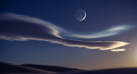 Obraz premium Backdrop for Ramadan Kareem Celebration Banner with Mosque Silhouette under Crescent Moon and Clouds in a Photorealistic High-Resolution Night Sky