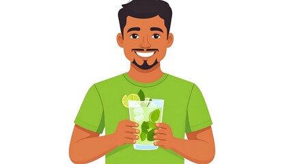 A smiling man with dark hair, a goatee, and a green shirt holds a refreshing beverage with mint, lime, and ice
