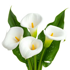 Close-up of four elegant white flowers with yellow centers and green speckled leaves