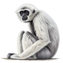 Fototapeta premium A white gibbon sits in a relaxed position. Its fur is fluffy and light, with dark facial features. The background is plain black, emphasizing the gibbon's details.