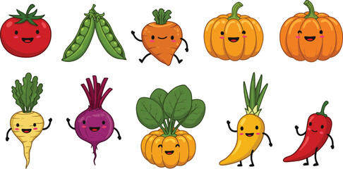 Colorful Vegetable Characters – Cute Broccoli, Capsicum, Pumpkin, and Radish Vector Art