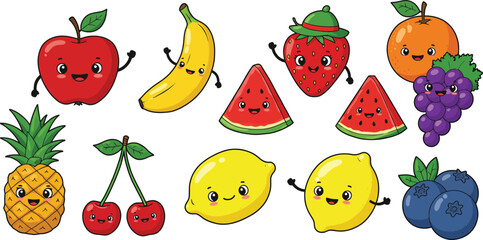 Cute Fruit Characters – Watermelon, Strawberry, Banana, Lemon, and Orange Vector Set