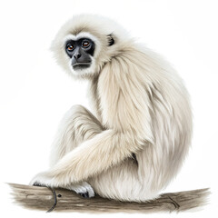 Obraz premium A white gibbon sits on a wooden branch. The gibbon has long fur and a distinct face with dark features. The background is black, highlighting the animal's details.