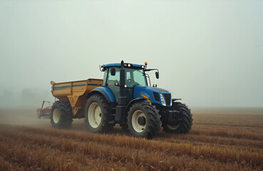 Obraz premium Blue tractor with yellow trailer spreads agrilime on foggy day in field. Agricultural machinery works in rural area on farm land. Farming equipment in action on misty morning.