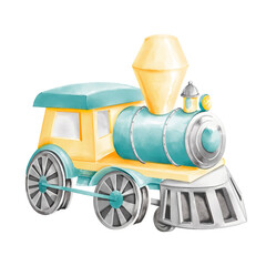 A toy steam train. Hand-painted watercolor illustration on a white background. This blue-green, and yellow toy locomotive is perfect for children's cards, educational games, stickers, web pages, and