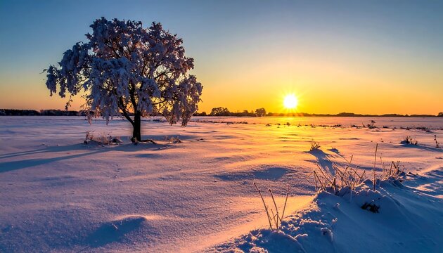 A serene winter scene depicts a snow-covered field with a frosted tree silhouetted against a radiant, setting sun - Powered by Adobe