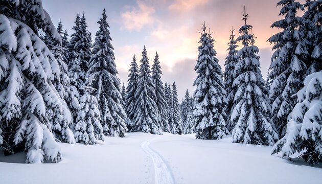 A serene winter scene depicting a snow-covered trail winding through a forest of evergreen trees under a pastel-colored sky