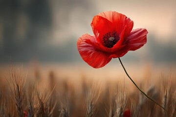 Vibrant red poppy blooms gracefully in a field of wheat, creating a beautiful contrast with soft, blurred background, capturing the essence of summer meadows.