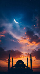 Obraz premium Backdrop for Ramadan Kareem Celebration Banner with Mosque Silhouette under Crescent Moon and Clouds in a Photorealistic High-Resolution Night Sky