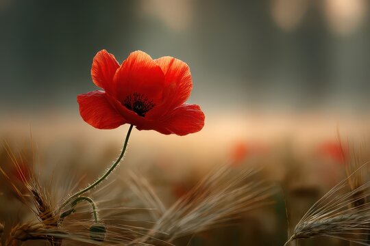 A vibrant red poppy flower blooms in a field of golden wheat, illuminated by soft sunlight, creating a picturesque and serene pastoral scene, perfect for summer. - Powered by Adobe