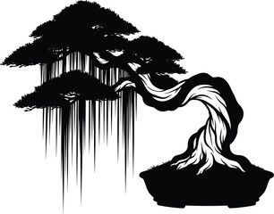 Elegant Cascading Bonsai Silhouette - Stylized Black and White Vector Art with Flowing Aerial Roots