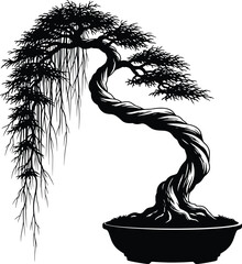 Elegant Weeping Willow Bonsai Tree Silhouette - Serene Black and White Vector Art for Nature-Inspired Designs and Zen Decor