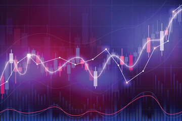 Candlestick chart trend on gradient background, data analytics, stock market trading graph, financial graphic diagram
