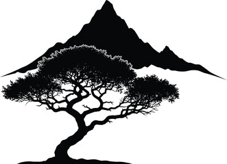 Mountain and Tree Silhouette - Serene Landscape Vector Art for Nature, Zen, and Outdoor Adventure Themes