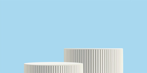 Podium blue bg, 3d sale limbo product stage. Cylinder platform display discount, sky pastel light promotion studio. White pillar cosmetic stand, abstract pedestal grey stair table. Award scene banner