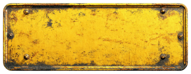 Aged, rectangular, yellow metal plate with a weathered, textured surface.  Bolts or rivets decorate the edges