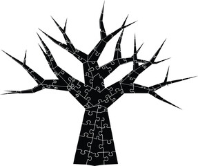 Puzzle Tree Silhouette - Abstract Black and White Vector Art for Problem Solving, Environment, and Unique Concepts