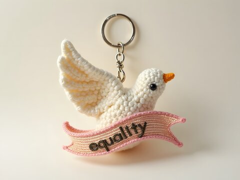 crochet keychain of International Human Rights Day Peace dove carrying “Equality” banner.