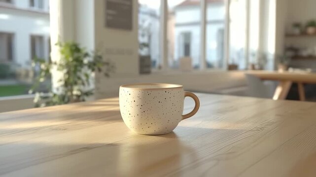 Minimal ceramic coffee cup on wooden table in bright cozy cafe with smooth camera movement