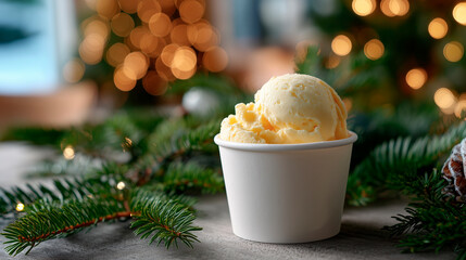 A cup holds yellow vanilla ice cream scoops amid pine branches with warm bokeh lights in the background.