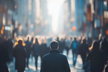 A man walks forward in a busy city crowd toward bright sunlight.