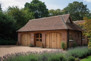 Beautiful rustic garage surrounded by lush greenery and lavender, showcasing nature's charm in a serene landscape on a sunny day