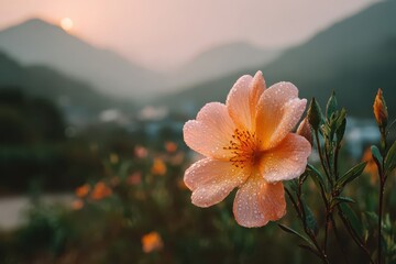 Fototapeta premium Close-up view of beautiful peach colored flower covered in dew drops against mountain range in soft morning light, with blurred background and green foliage.