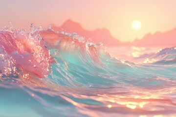 Captivating wave crests under the pastel sunrise, creating a serene and dreamy ocean view, with sunlit water reflections and a soft color palette and mountain silhouette.