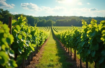 Obraz premium Vineyard rows stretch into distance under blue sky on sunny day. Rich green foliage covers vines. Agriculture scenic view. Winery with grapes farm at summer.