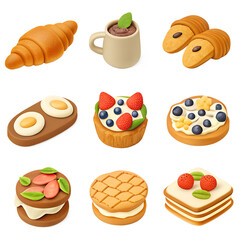 3d breakfast icons set: pastries, coffee, and more for food-themed designs