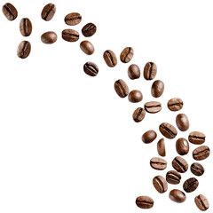 Naklejka premium Flying or falling roasted brown caffeine coffee beans in the air isolated on a transparent (PNG) or white background. Arabian or aroma beans for hot drinks for cafe advertising, package 